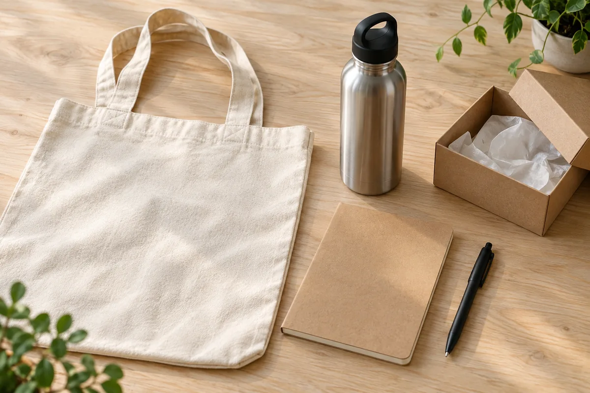 A cotton tote bag, stainless-steel bottle, plain notebook and pen arranged on a light tabletop.